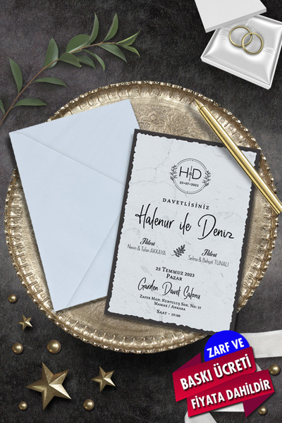 Cem Davetiye Düğün Nişan Nikah Kına Davetiyesi 7076 (100 ADET) Baskı Dahil