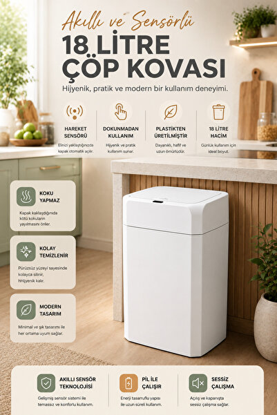 clasavm 18 Litre Akıllı Çöp Kovası - Hareket Sensörlü Kapaklı Mutfak/Banyo Çö...