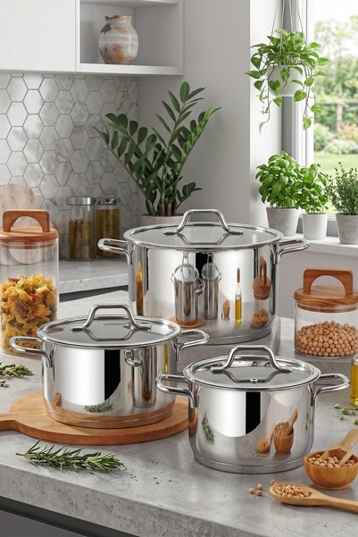 Özkent Gurme 3-Piece Stainless Steel Pot Set (18-20-22 Deep)