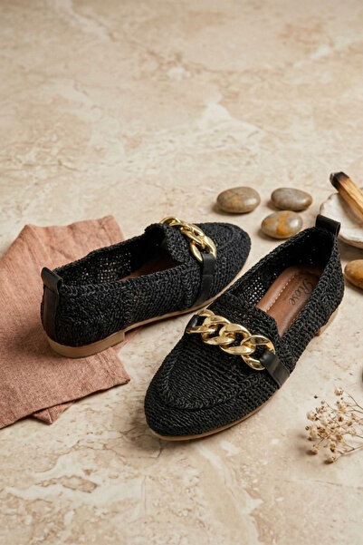 Godystep Lena Siyah Altın Zincir Detaylı Hasır Örgü Slip-On Kadın Loafer