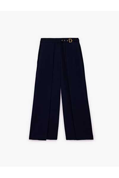 Crepe Fabric Cover Detailed Belted Wide Leg Trousers