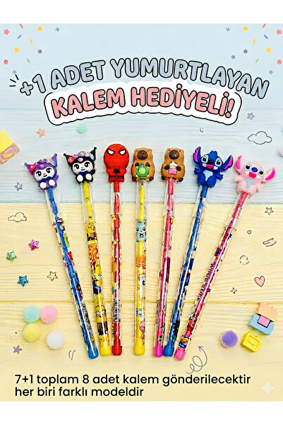 ÖZ OFİS Kuromi Capybara Stitch Örümcek Adam - Başlıklı 8'li Yumurtlayan Kalem...