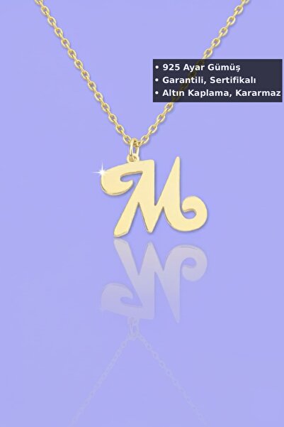 Jewelmim M Harfli Gümüş Kolye | Sarı Altın Kaplama Hediye Baş Harf Kolyesi 92...