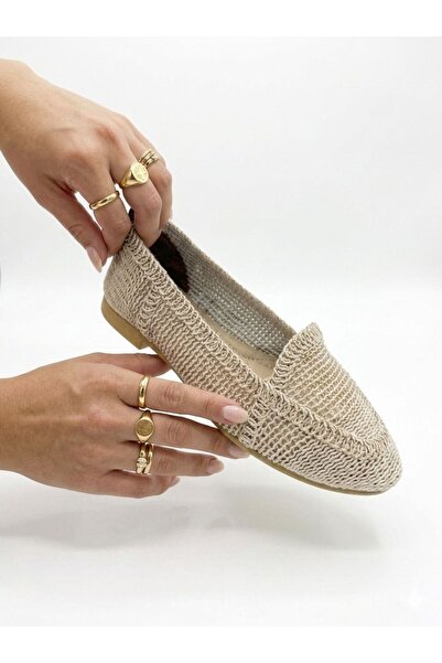Godystep Isla Krem Hasır Örgü Doku Düz Taban Slip-On Kadın Loafer Babet Ayakkabı