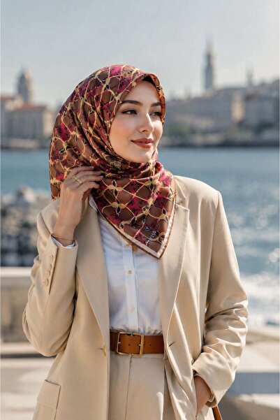 Vissona وشاح حريري 100% بنمط هندسي بني - أحمر اللون مقاس 90×90 شكل الخياطة: خ...