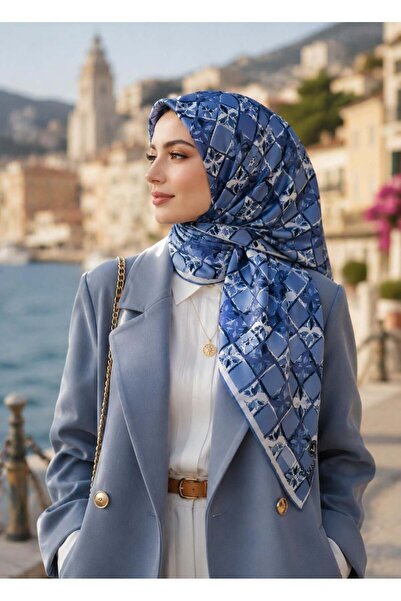 Vissona 100% Twill Silk Geometric Pattern Indigo - Navy Color 90X90 Scarf Pla...