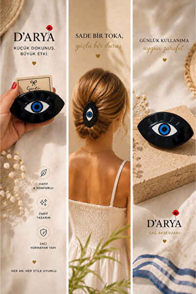 Darya مشبك شعر أسود من الأسيتات بتصميم العين الشريرة DD529 (8 سم)