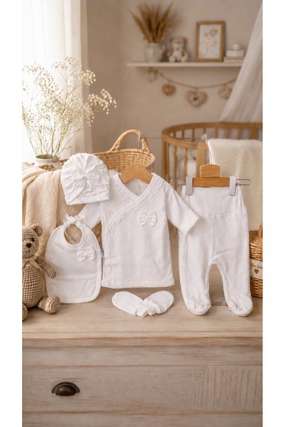 Arin Baby 5-Piece Bow Detailed Embroidered %100 Cotton Newborn Baby Girl Hospital Discharge Set/Baby Girl Bodysuit Set
