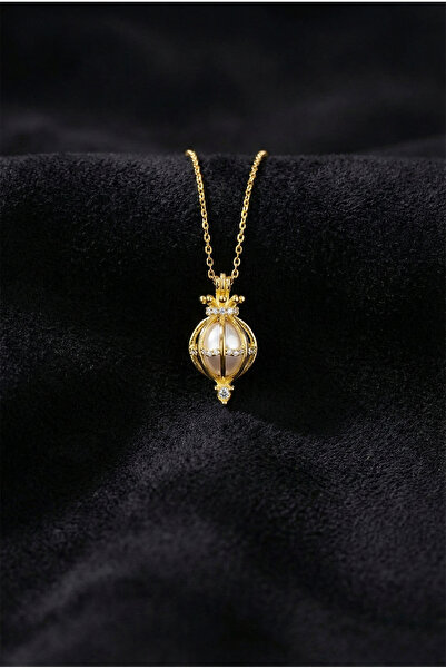Roza Silver 925 Ayar Zirkon Taşlı Gold İncili Kafes Gümüş Kolye
