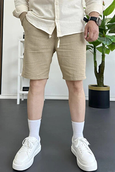 Edwox Men's Elastic Waist Linen Fabric Shorts Brown Edw370