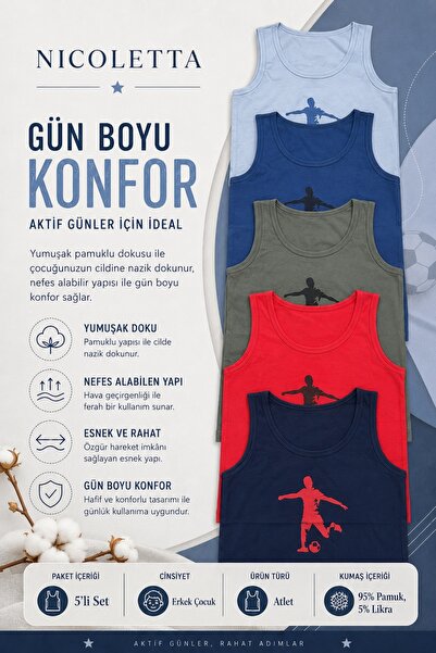 Tom John Erkek Çocuk Atlet Geniş Askılı Baskılı Futbolcu Pamuklu Likralı Gars...