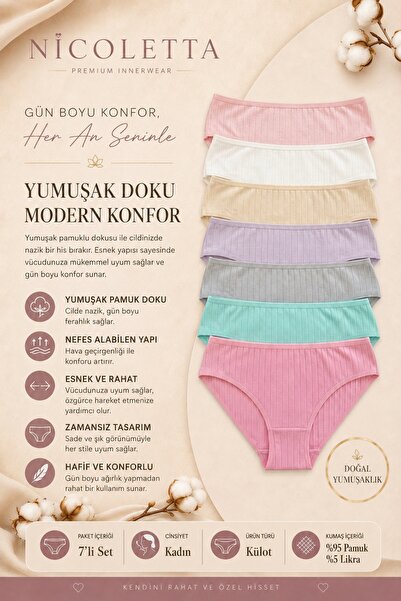 Nicoletta Women's Panties 7-Pack Stretch Fabric Cotton Pcs Ribbed Knit Rib Kn...