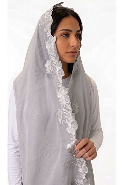 Veil Designer Japanese Gray Rose Embroidery Veil with Gray Rose Embroidery on...