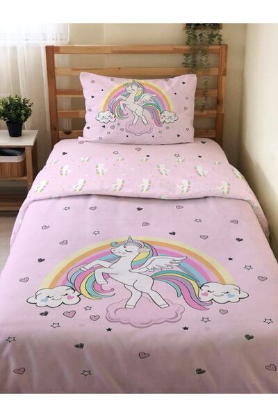 Evmila Çift Taraflı Unicorn Desenli Çarşafsız 2'li Takım Baskılı Tek Kişilik ...