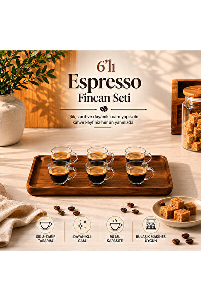 NimaWare 6’lı Kulplu Şeffaf Cam Espresso Fincanı Seti 90 ml – Isıya Dayanıklı...
