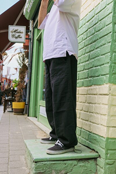 Oiki Cool Wide Leg Geniş Ayarlanabilir Paça Gabardin Unisex Siyah Pantolon Bo...