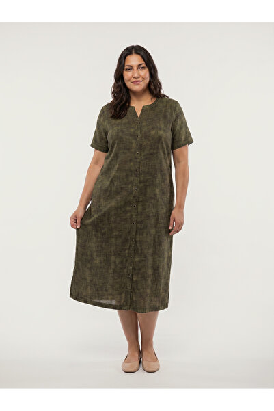 STORi Women's Plus Size Pocket Shirt Dress Viscose Khaki Buttoned Midi