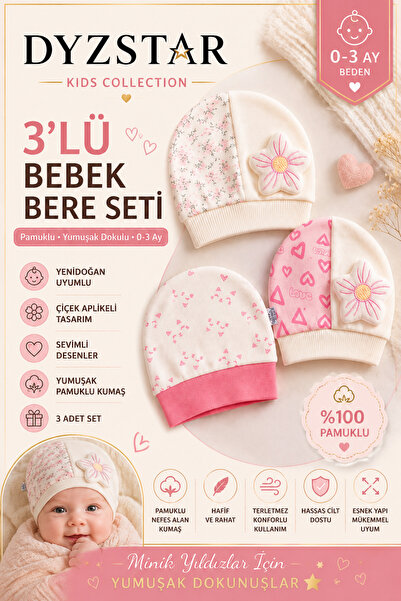 DYZSTAR 3 Adet Pamuklu Kız Bebek Şapkası Çiçek Aplikeli Kalp Desenli Yenidoğa...