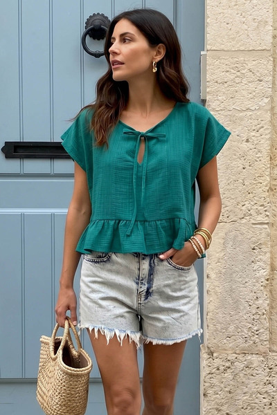 armonika Kadın Koyu Yeşil Yarasa Kol Yakası Bağlamalı Eteği Fırfırlı Oversize...