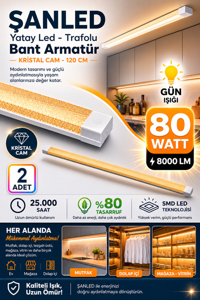ŞANLED 80W 120 Cm KRİSTAL Yatay LED Bant Armatür-Trafolu Gün Işığı 2 Adet