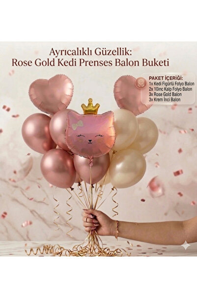 ÇAVUŞ E-TİCARET Rosegold Kedi Figürlü Taçlı Kalp Folyo Balon Seti ,Doğum Günü...
