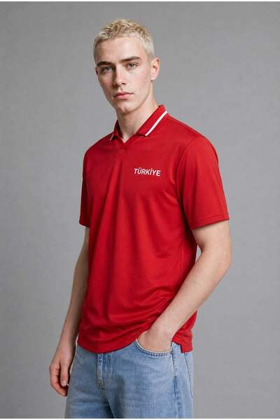 DeFacto World Cup Boxy Fit Polo Collar Slogan Patterned Short Sleeve Polo T-S...
