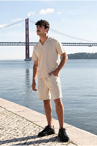 DAMGA JEANS Men's Relax Fit Shirt Basic Shorts Cream Summer Linen Two-Piece Set