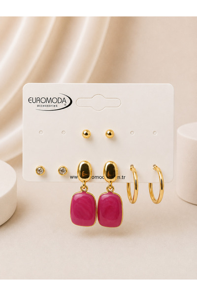 EUROMODA Gold Pembe Mineli 4'lü Küpe Seti
