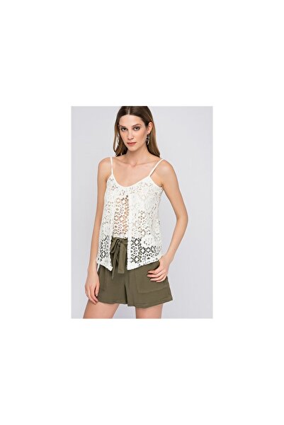 Cotton Mood 8114299 Güpürlü Önü Parçalı Çift Kat Askılı Bluz EKRU