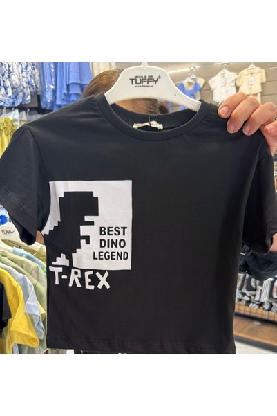 Generic Brand Children's Black T-Rex Dinosaur Printed Cotton Crew Neck T-Shirt [Narrow Fit, You Can Choose a Size up]