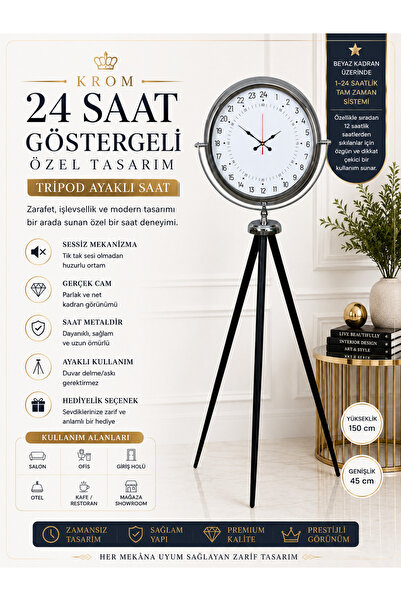 ZENTİME Krom 24 Saat Göstergeli Özel Tasarım Tripod Ayaklı Saat