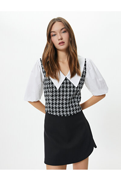 Koton Tweed Blouse Wide Baby Neck Short Balloon Sleeves Color Contrast