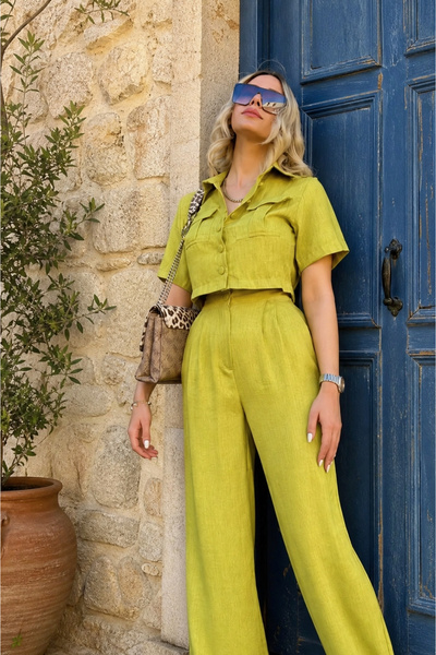 Modark Women's Linen Suit Jacket Shirt Trousers - Oil Green