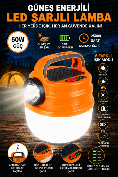nelerbulurum SOLARLI VE ŞARJ EDİLEBİLİR 6 FARKLI IŞIK MODLU ÇİFT IŞIKLI 50 WA...