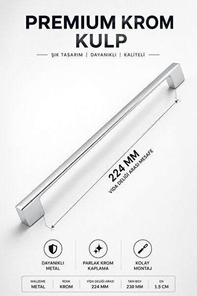 NZB Mobilya Mutfak Dolabı Çekmece Dolap Kapak Kulpu Kulbu Krom 224 mm Metal Kulp