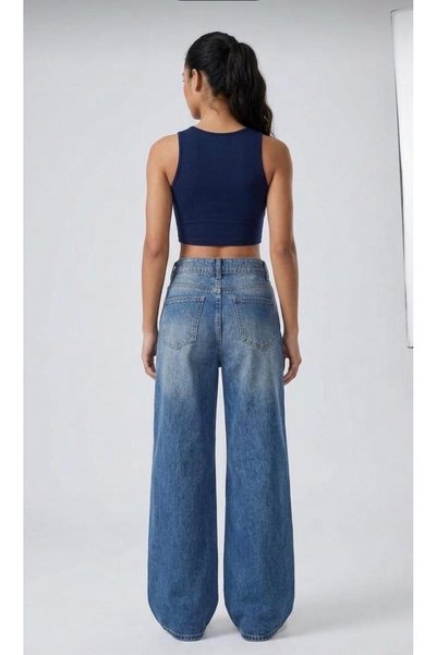 Fro line Women's Blue Color Baggy 3413_W9 High Waist 100% Koton Denim Pants