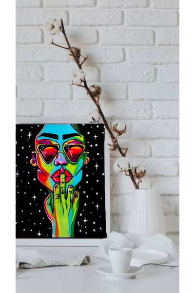 Generic Divine Design Handmade Neon Pop Art Canvas Painting, Colourful Woman with Sunglasses, Black Starry Background, Wall Decor-A4 size