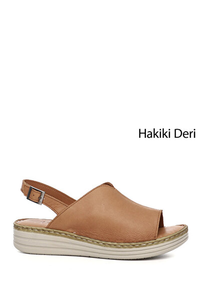 GÖNDERİ(R) Women's Tan Wedge Heel Genuine Leather Comfort Sandals
