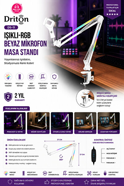 DRİTON Ds-11 Işıklı Rgb Siyah Yayıncı Oyuncu Podcast Masa Mikrofon Standı
