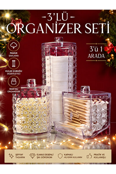 Limeks Home MAKYAJ ORGANİZER: PAMUKLUK [ELMAS DESEN,ŞEFAF] 3'LÜ SET