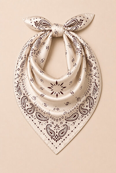 OUS Women's Cream Burgundy Bandana Patterned 70X70 cm Satin Scarf, Square Nec...
