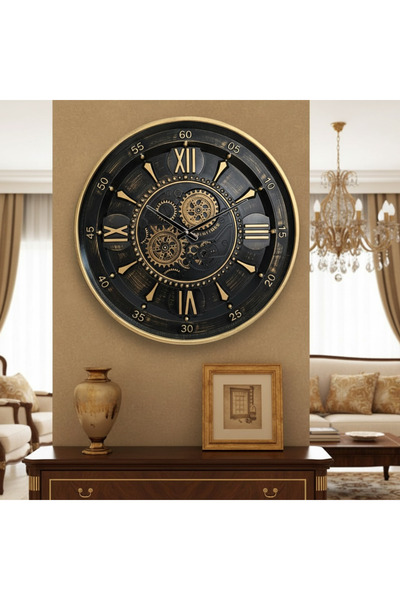 Evdeki Mağaza 60x60cm Evdeki Metal Çarklı Saat-Lyon Gold-Altın Eskitme
