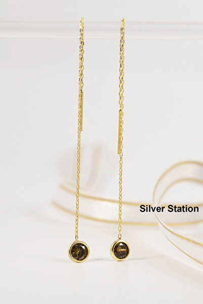 Silver Station Gümüş Zirkon Tek Taşlı Altın Kaplama Zincir Küpe