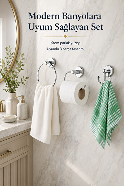 Alper Banyo Krom Üçlü Banyo Seti | Yuvarlak Havluluk, Kağıtlık, Bornoz Askılı...