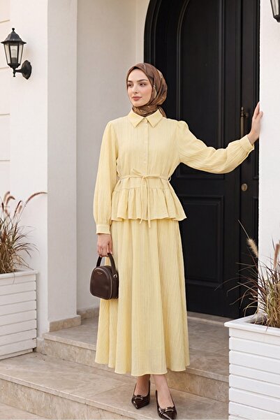 Modamorfo Ruffled Skirt, Buttoned Waist, Lace-Up Skirt Set - Yellow