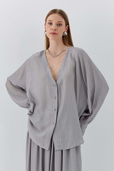 MARKALİSTE Oversize V Yaka Gömlek Gri