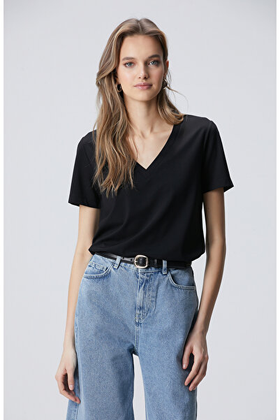 Network Siyah V Yaka Basic T-shirt