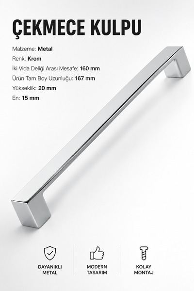 NZB Mobilya Mutfak Banyo Dolabı Çekmece Dolap Kapak Kulpu Kulbu Krom160 Mm Me...
