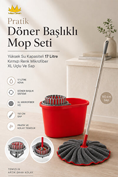 Miss Clean Pratik Döner Başlıklı Mop Seti Yüksek Su Kapasiteli 17 Litre Kırmı...