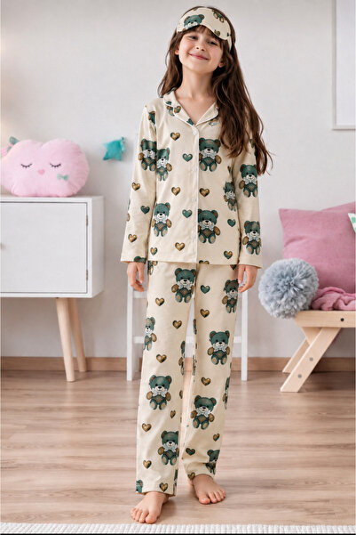 zahider Girl's Cotton Fabric Buttoned Teddy Bear Patterned Sleep Band Pajama Set